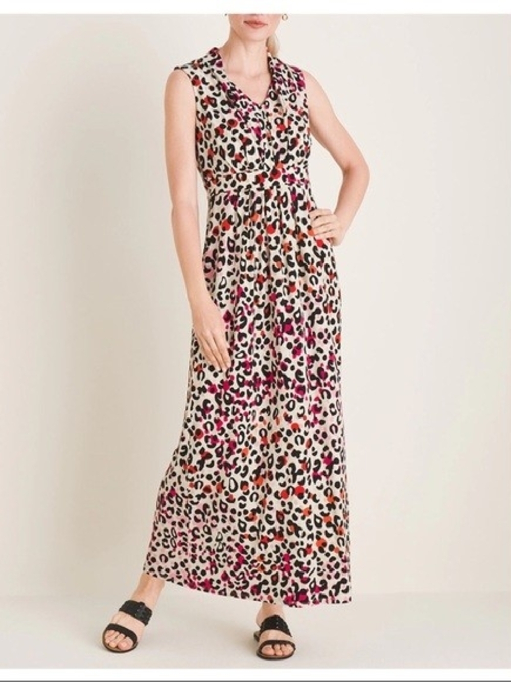 Chico's Sleeveless Leopard-Print Maxi Dress in Cream with Pink and Orange Spots